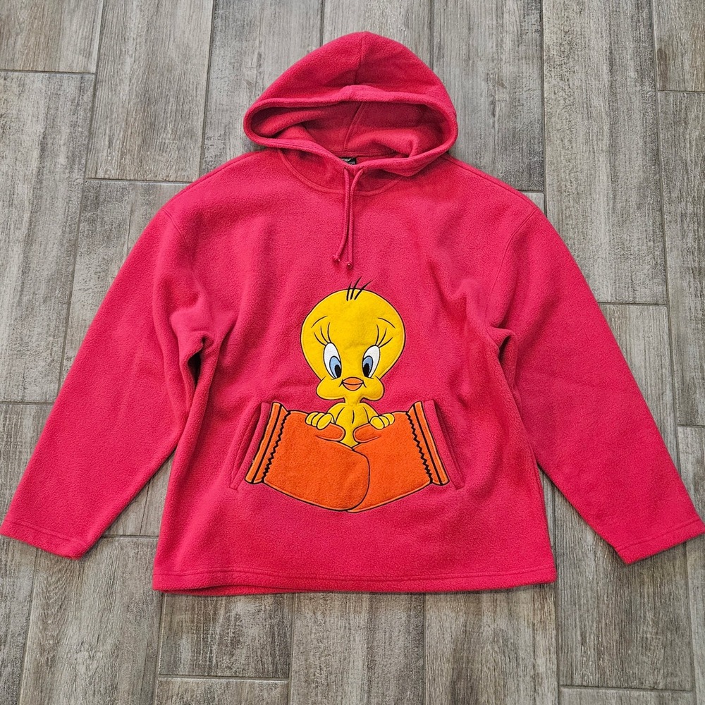 Warner Bros Tweety Bird Hoodie Size S Pink Fleece Embroidered 90s Vintage Retro